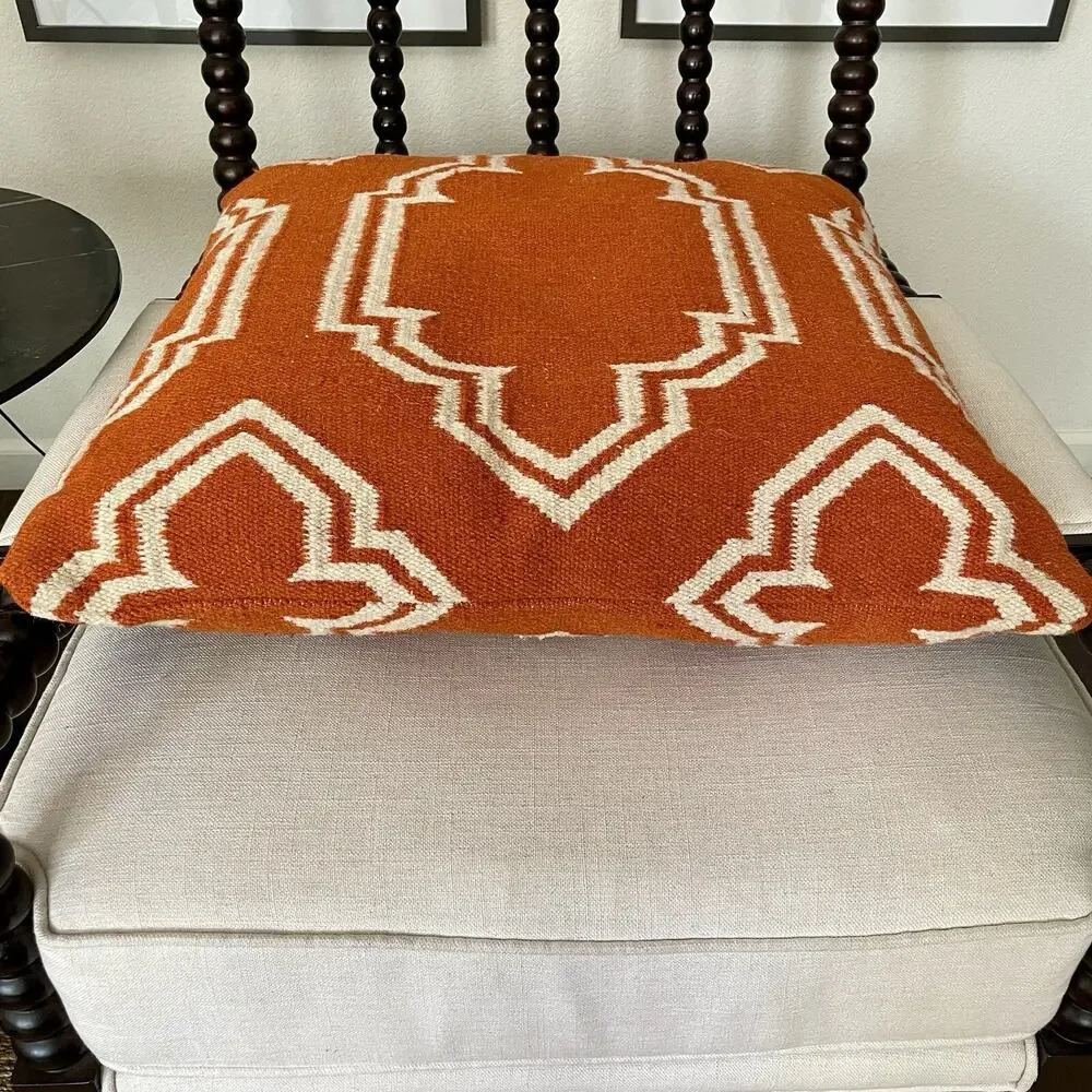 West Elm Moroccan Tile Orange Kilim Indoor Outdoor Pillow 26” Square
